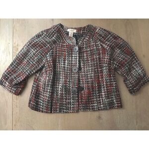 Covington Petite Womens Red Black White Tweed Cropped Jacket 3/4 Sleeve Size SP